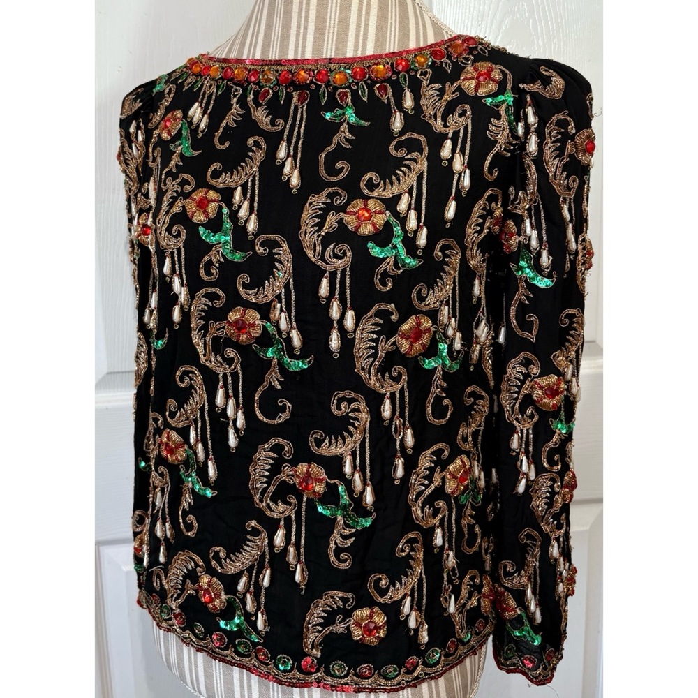 Vtg Concetta Rafanello for St. Martin Sequin Beaded Blouse Glam Art Deco MED